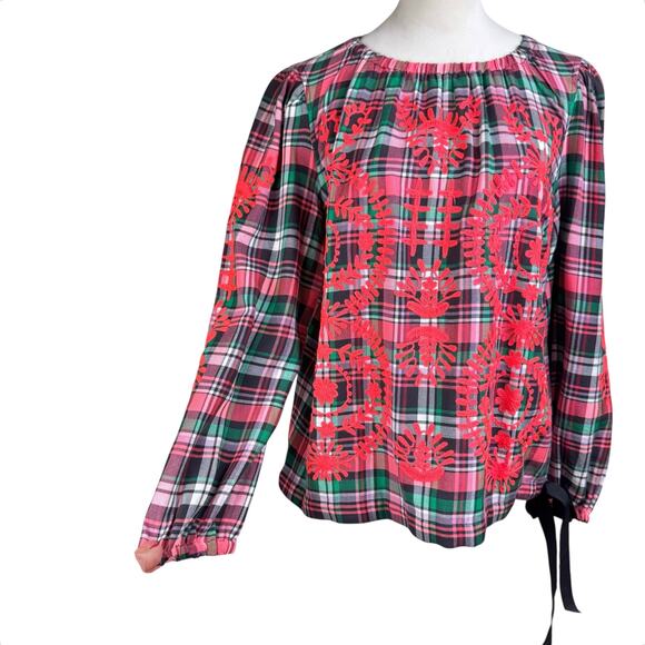 Ivy Jane Pink Green Plaid Floral Embroidered Stretchy Flowy Cotton Top - Picture 9 of 12